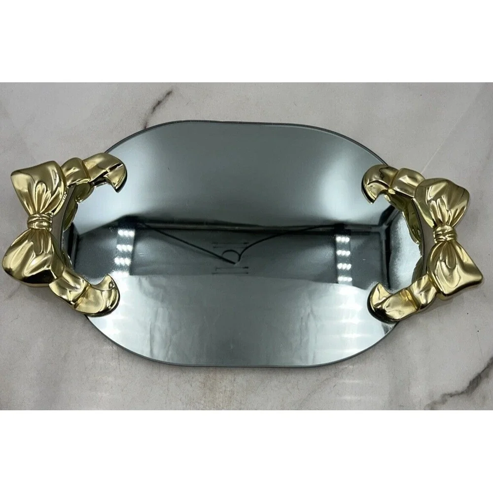 Vintage Oval Mirrored Vanity Tray Gold Ribbon Bow Coquette